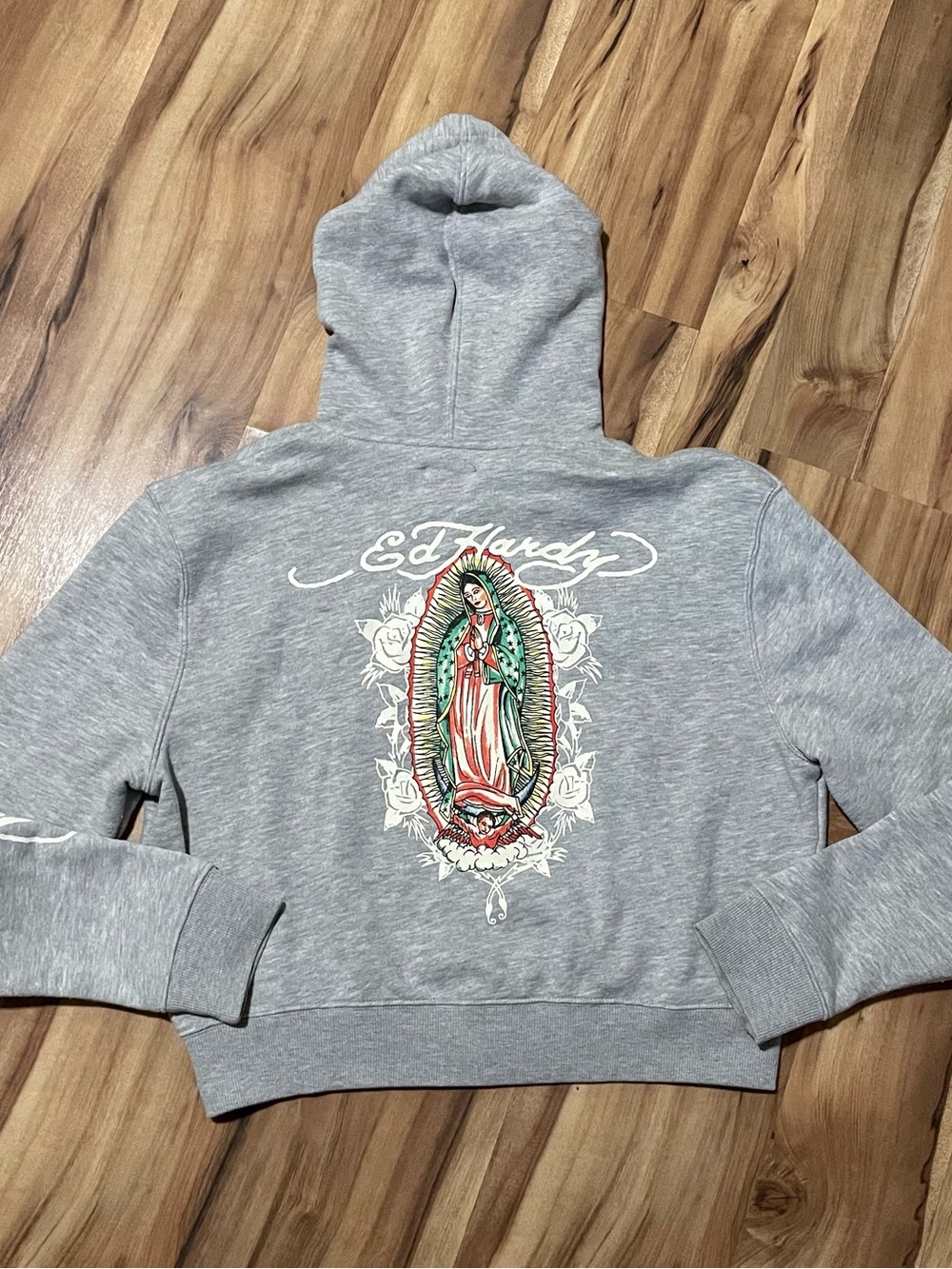 Ed Hardy Virgin Mary Zip Up Hoodie Gray Cropped Tattoo Art Grunge Y2K Vibes L JR